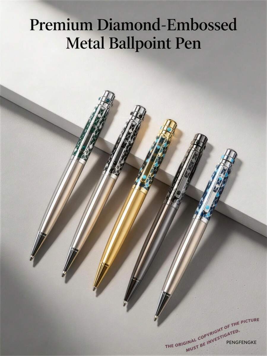 1pc Metal Ballpoint Pen With Black Ink, Silver Barrel And Blue-Green Star Pattern Cap, Smooth Writing, Fashionable Business Gift Pen, Suitable For Students And Office Workers Daily Writing - 3010Q - View 1
