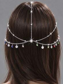 Multi-Layer Colorful Rhinestone Round Disc Fashion Head Chain, Double-Layer Chain Forehead Back-Hanging Hair Accessory, Exquisite Exotic Style For Women Party And Banquet Outfit - Silver - View 2