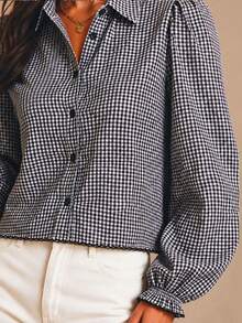 Women's Black White Gingham Puff Sleeve Cropped Shirt, Collared Front Button, Scalloped Trim Hem & Cuffs, Spring Autumn For Office Vacation Daily Wear - Black and White Checkered - View 4