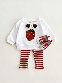 2pcs/Set Baby Girls Outfit Strawberry Embroidery Soft Long Sleeve Top + Stripe Elastic Pants, Spring And Autumn - White - View 11