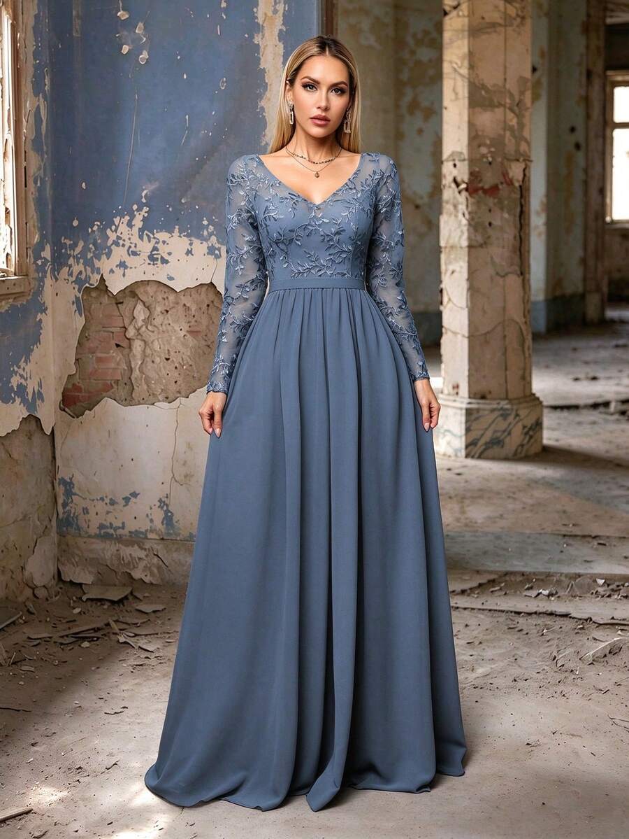 MGIACY Women's Elegant V-Neck Long Sleeve Embroidered Maxi Dress, Summer/Autumn, All-Season, Suitable For Wedding Guest, Prom, Birthday, Outing And Holiday Party - Dusty Blue - View 1