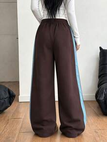 1pc Girls Teenager Casual Loose Straight Leg Wide Leg Pants With Side Stripe Design, Relaxed Outdoor Sports Style, Versatile Daily Commute Long Trousers - Brown - View 2