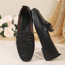 Women's Woven Texture Bow Decor Square Toe Low-Top Flat Loafers, Minimalist Commute Daily Autumn Black PU Shoes - Black - View 6