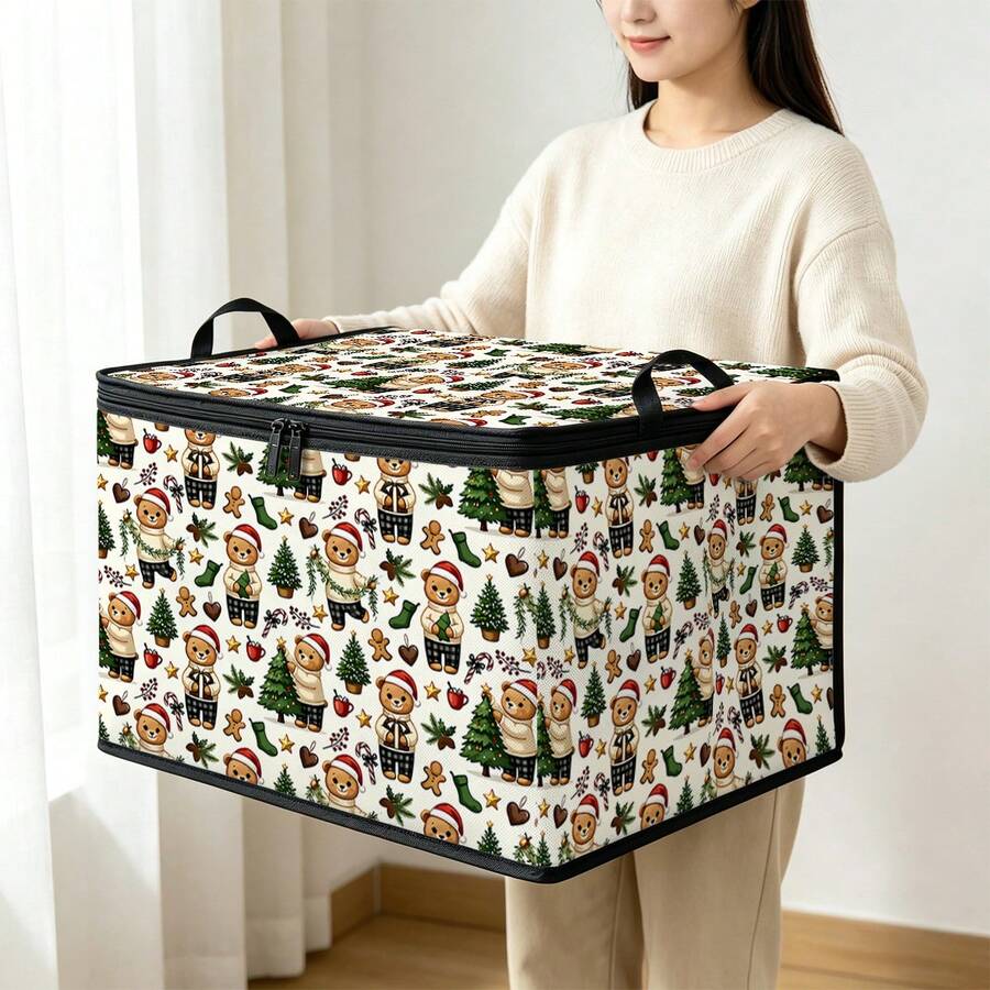 1pc Vintage Christmas Tree Print Foldable Storage Box, 200gsm Polyester Fabric With Zipper Lid & Reinforced Handles, Large Capacity Clothes Organizer Bin, For Bedroom Closet, Under Bed, Living Room Holiday Home Storage