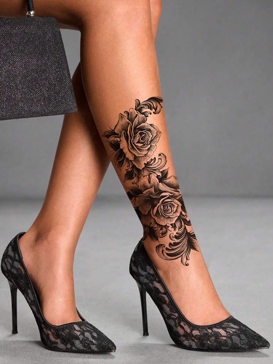 1pc Y2K Style Rose Tattoo Sticker, Black Floral Print, Disposable Temporary Tattoo, Gothic Style Temporary Tattoo Sticker, Waterproof And Sweat-Resistant, Washable, Non-Reflective, Simulates Tattoo Effect On Arms, Legs, Shoulders, Chest, Back, Suitable For Fashion-Forward People, Lasts 3 To 5 Days - Black - View 1