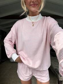 Fall/Winter Cute Casual Striped Pullover Sweatshirt Set, 2 Pieces Casual Set For Women - Pink - View 5