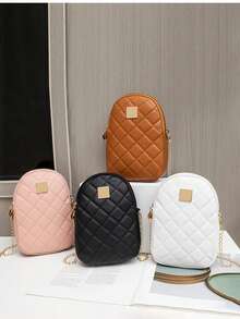 1pc Women's Minimalist Rhombus PU Phone Bag, Solid Color Metal Square Logo Chain Mini Crossbody Shoulder Bag, Daily Commute - M1978 - View 1