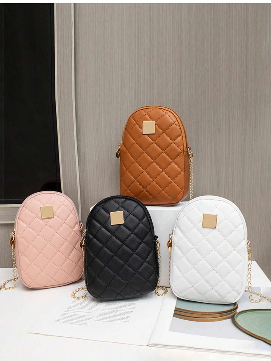 1pc Women's Minimalist Rhombus PU Phone Bag, Solid Color Metal Square Logo Chain Mini Crossbody Shoulder Bag, Daily Commute - M1978 - View 1