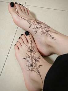 STARTTOOS 1pc Black Ins Style Minimalist Floral Branch & Flower Pattern Party Gift DIY Holiday Gift Music Festival Temporary Waterproof Tattoo Sticker For Arm, Waist, Abdomen, Leg - Black - View 4
