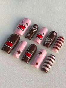 24pcs Y2K Medium Coffin French Press-On Nails, Brown Nails With Cute DoMo, Stripes, Star Designs, Acrylic Fake Nail Set. Gothic Style. Includes 1pc Jelly Glue And 1pc Nail File. - Multicolor - View 3