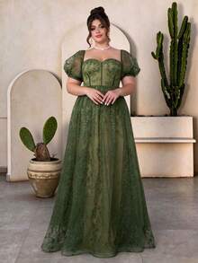 MGIACY Elegant Plus Size Square Neck Puff Sleeve Satin Bra Cup Embroidered Lace Maxi Dress, Suitable For Summer Wedding Party Ball Holiday Birthday - Army Green - View 1