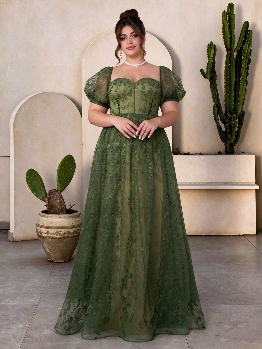 MGIACY Elegant Plus Size Square Neck Puff Sleeve Satin Bra Cup Embroidered Lace Maxi Dress, Suitable For Summer Wedding Party Ball Holiday Birthday - Army Green - View 1