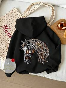 Western Cowboy Girl Style Pullover Sweatshirt, Luxurious Artistic Horse Head Back Print Loose Long Sleeve Sweatshirt, Spring/Autumn - Black - View 1