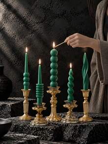 1pc Dark Green Long Taper Candle, Spiral Wave Artistic Design, Multiple Designs Available, Suitable For Christmas Home Decor, Holidays, Autumn Home Decoration, Wedding Decor, Candlelight Dinner, Party, Living Room Tabletop Display And Holiday Gifts - Multiple Styles - View 2