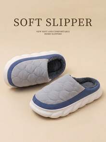 Winter New Fashion Fleece Lined Color Block Patchwork Women's Home Slippers Slip-On Simple Thick Sole Unisex Couple Bedroom Basic Slippers Random Lining Color - Blue-grey - View 8