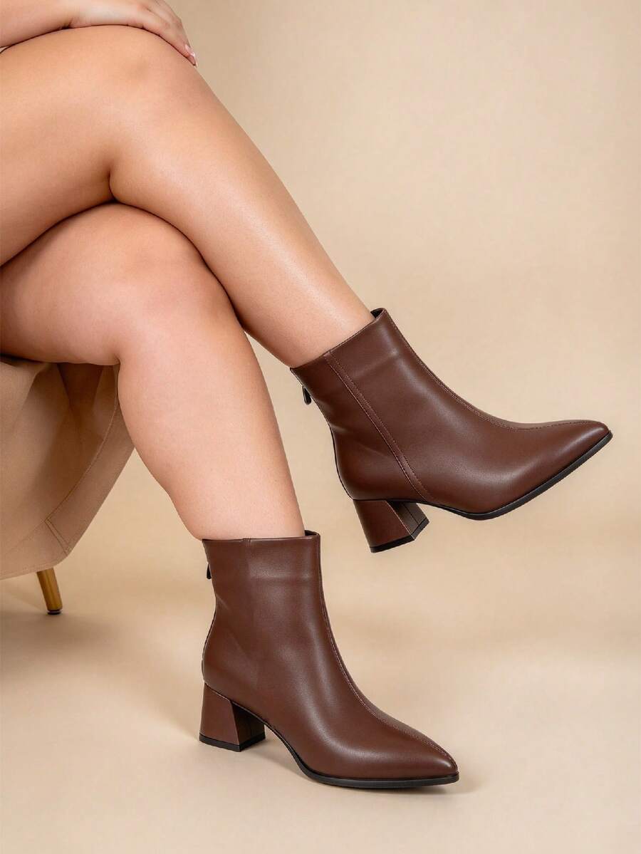 Wide Fit Plus Size Elegant Solid Color Pointed Toe Ankle Boots And Ankle Boots With Chunky Heel And Back Zipper, Fashion High Heel Casual Boots For Women, Suitable For Office And Professional Wear - Brown - View 1