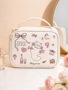 Cute Printed Makeup Bag, Standing Large Capacity Handheld Toiletry Bag With Compartments, Dedicated Brush Slots, Mesh Pockets For Easy Visibility, Portable Travel Business Trip Daily Makeup Organizer, Multi-Functional Storage - Multicolor - View 9