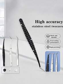 1pc Korean Style Black & White Polka Dot Curved Stainless Steel Eyelash Tweezers, Multi-Functional Tool For Eyelashes, Nail Art, DIY, Jewelry Making, Scrapbooking And Electronics Repair, Summer Travel Essential - Multicolor - View 5