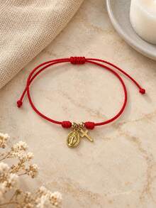 Minimalist Fashion Cross Copper Bead Bracelet, Jesus Pendant Red Mamba Rope Bracelet, Virgin Mary Adjustable Bracelet, Easter Card, Charm Bracelet - Multicolor - View 4