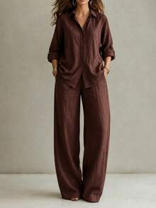 Plus Size Women's Collared Rolled Sleeve Button Front Shirt + Wide Leg Pants 2 Pieces Set, Autumn Casual Loose Fit Outfit - Coffee Brown - View 4