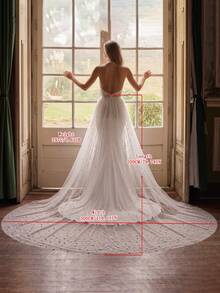 Pearl Tulle Wedding Train Skirt Long Detachable Bridal Overskirt Cathedral Veil Half Skirt For Bride Backless Wedding Dress Accessory - Off White - View 6