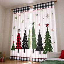 2Pcs Christmas Plaid Tree Curtains, Rod Pocket Design, 2D Flat Print Buffalo Plaid Christmas Tree Snowflake Pattern, Light Filtering Drapes, Xmas Holiday Window Decor For Living Room Bedroom - Multicolor - View 2