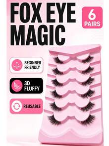 6 Pairs Cat Eye Half False Eyelashes, Fox Style 3D Fluffy Voluminous Lifted Outer Corner Design, 30s Quick Application Beginner-Friendly, Reusable Lightweight Comfortable, Fox Eye Half Lashes For Makeup Beginners, Commuters And Beauty Enthusiasts, Suitable For Daily Commute, Dating, Outings And Beginner Practice - View 1