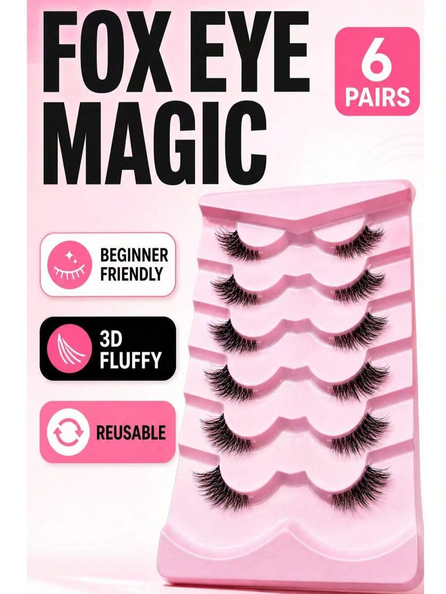 6 Pairs Cat Eye Half False Eyelashes, Fox Style 3D Fluffy Voluminous Lifted Outer Corner Design, 30s Quick Application Beginner-Friendly, Reusable Lightweight Comfortable, Fox Eye Half Lashes For Makeup Beginners, Commuters And Beauty Enthusiasts, Suitable For Daily Commute, Dating, Outings And Beginner Practice - View 1