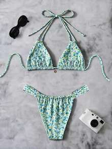 Elegant bikini set för damer med blommigt mönster och liten blomhängsmycke, 2 delar, vår/sommar - Multifärgad - Visa 3