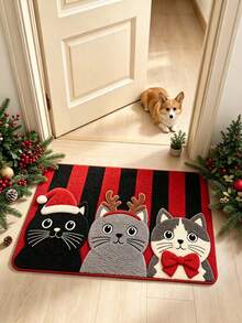 1pc Christmas Red & Black Striped 3 Cats Plush Rug, Christmas Gift Decor Rug, Bedroom Decor, Small Rug, Rug, Home Decor, Living Room Rug, Living Room Small Rug, Bedroom Rug, Living Room Home Decor, Outdoor Rug, Washable Rug - Multicolor - View 1