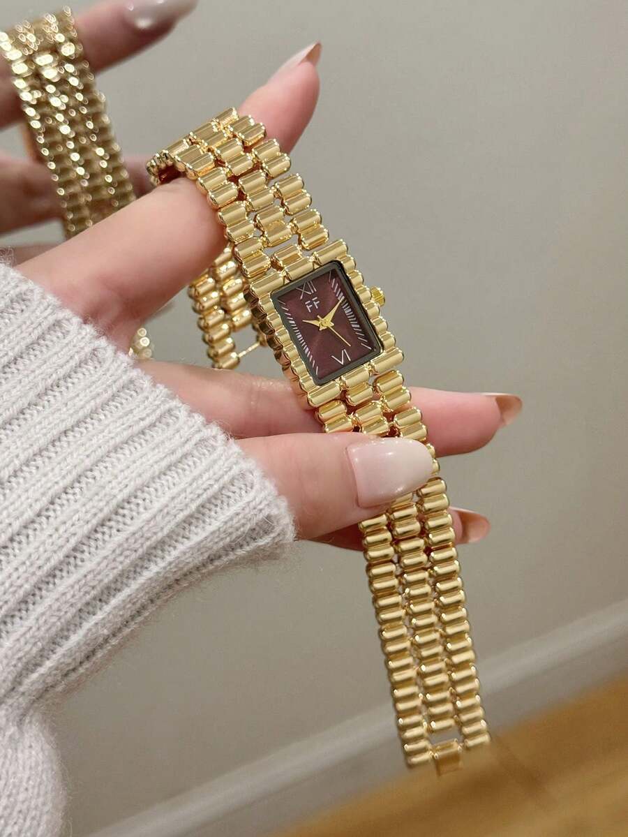 1件金色方形女款石英手錶,復古紅色錶盤,精緻刻度,適合日常配戴、派對與送禮 - 金色 - 查看 1