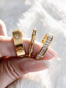 3pcs Exquisite Luxury Stainless Steel Clover Stackable Ring Set, Women's Gold-Tone Rhinestone Versatile Finger Ring Accessories, Daily Wear Party Jewelry - Gold - View 5