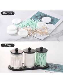 1/2/3/4pcs Set Of Transparent Plastic Bathroom Storage Jars With Black Bamboo Lids And Black Tray, Vanity Organizer Set, Suitable For Swabs, Balls, And Makeup Pads, Bathroom Countertop Cosmetic Storage Box - Multicolor - View 9