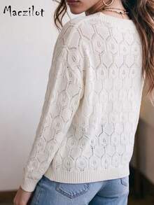 Plus Size Women's Autumn/Winter Hollow Knit Cardigan, Long Sleeve Round Neck Front Button Cardigan Sweater, Casual Commute Shopping Slim Fit Jacket - Beige - View 5