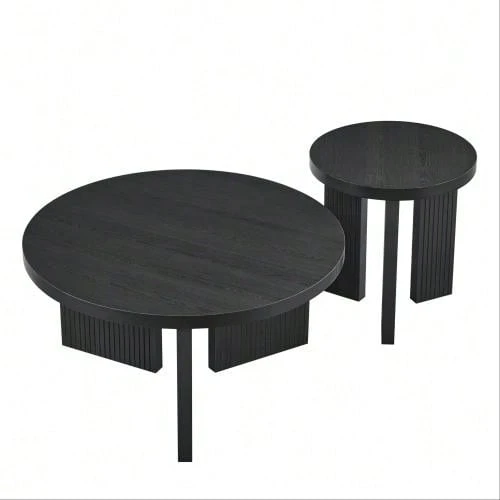 Modern Round Coffee Table Set With Fluted Texture Living Room Table Side Table Coffee Table - Elegance & Functionality For Living Room And Office (2 Pieces) - Black - View 1