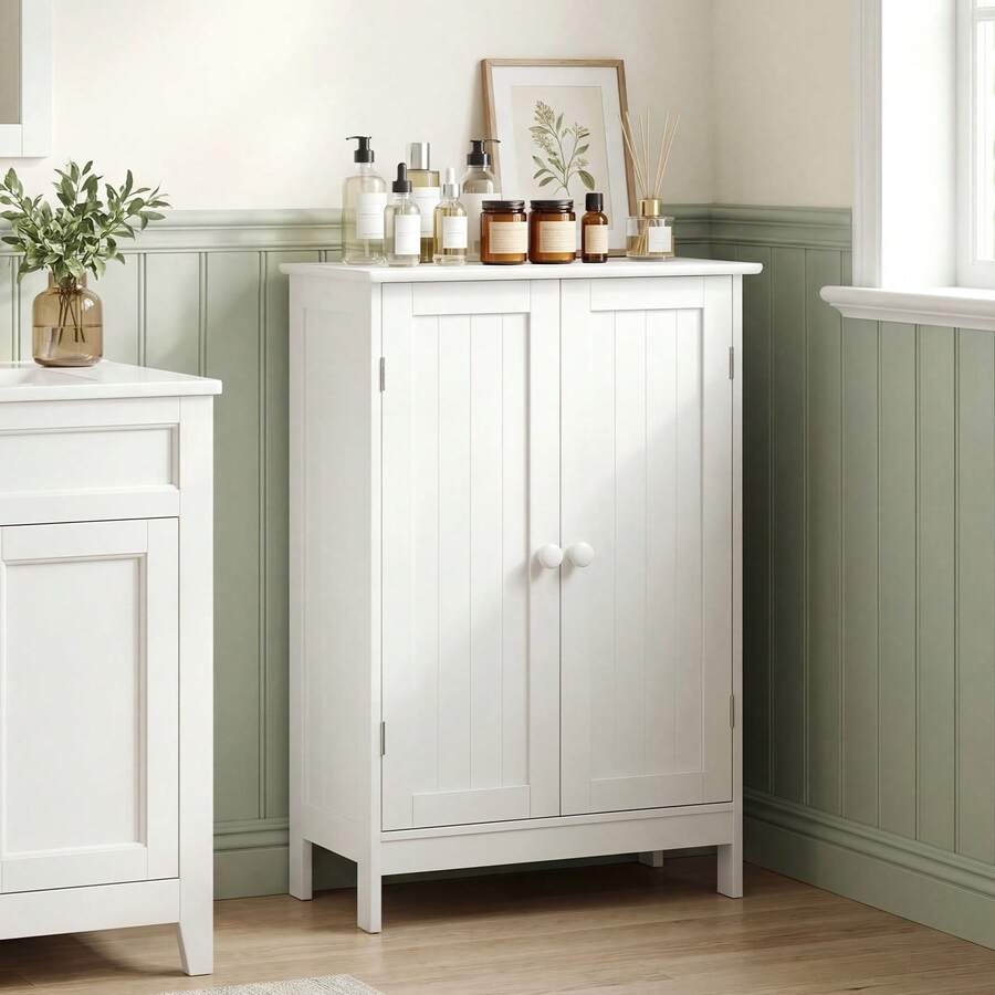 Lifezeal Bathroom Floor Storage Cabinet Double Door Kitchen Cupboard Shoe Cabinet White Home Bathroom Decor Summer Makeup Organizer Back To School - White - View 1