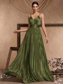 Women's Elegant High Waist Pleated V-Neck Sleeveless Metallic Silver Knit Maxi Dress With Oversized A-Line Silhouette Fall Wedding Party - Olive Green - View 2