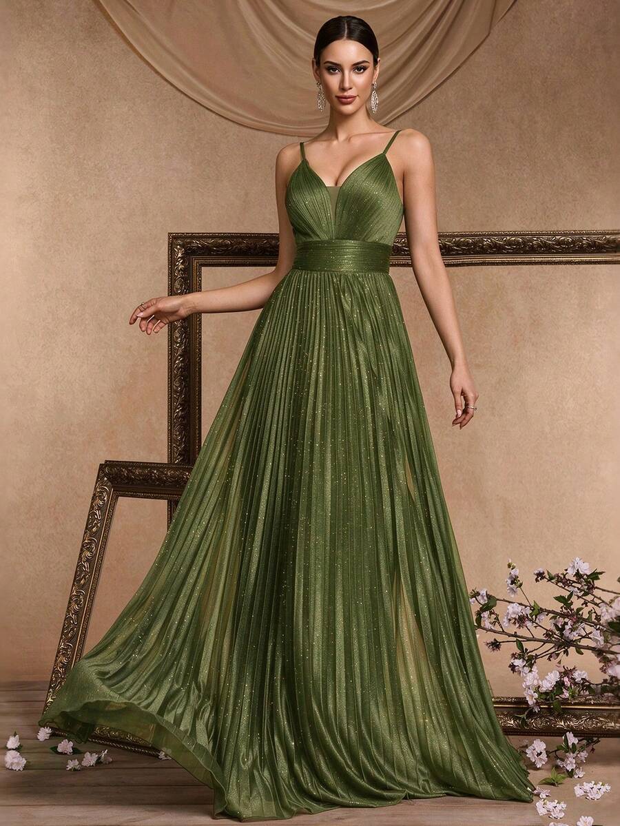 Women's Elegant High Waist Pleated V-Neck Sleeveless Metallic Silver Knit Maxi Dress With Oversized A-Line Silhouette Fall Wedding Party