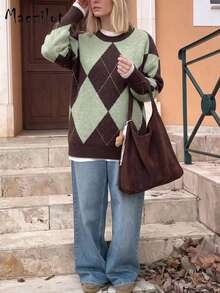 Plus Size Women Argyle Color Block Jacquard Crew Neck Knit Sweater, Fall Winter Long Sleeve Loose Slimming Pullover, Casual Commute Shopping Outfit - Multicolor - View 6