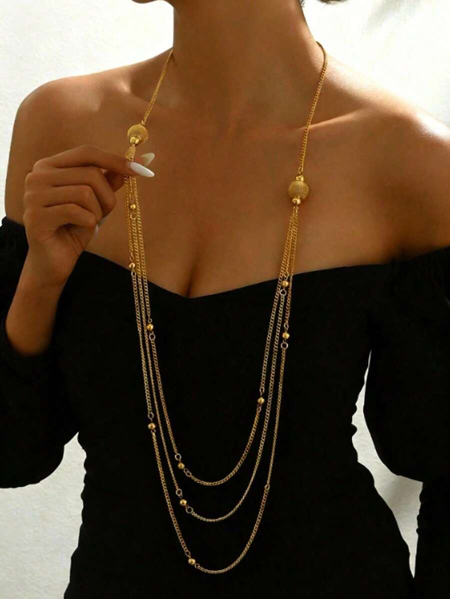 1 buah Kalung Panjang Multilayer Elegan Premium Terlaris untuk Wanita, Cocok untuk Pesta Liburan, Acara Kumpul-kumpul, Pakaian Sehari-hari, Hadiah untuk Teman - Emas - View 1