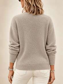 Women's Autumn/Winter Slouchy Round Neck Pullover Sweater, Solid Color Loose Long Sleeve Knit Top With Eyelet Rivet Decor, Soft Knit Daily Commute Top - Khaki - View 4