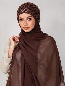 2pcs/Set Muslim Head Wraps Hijab Set, 1pc Crochet Sequin Hollow Undercap + 1pc Solid Color Chiffon Long Hijab, Islamic Headwear For Women - Brown - View 3