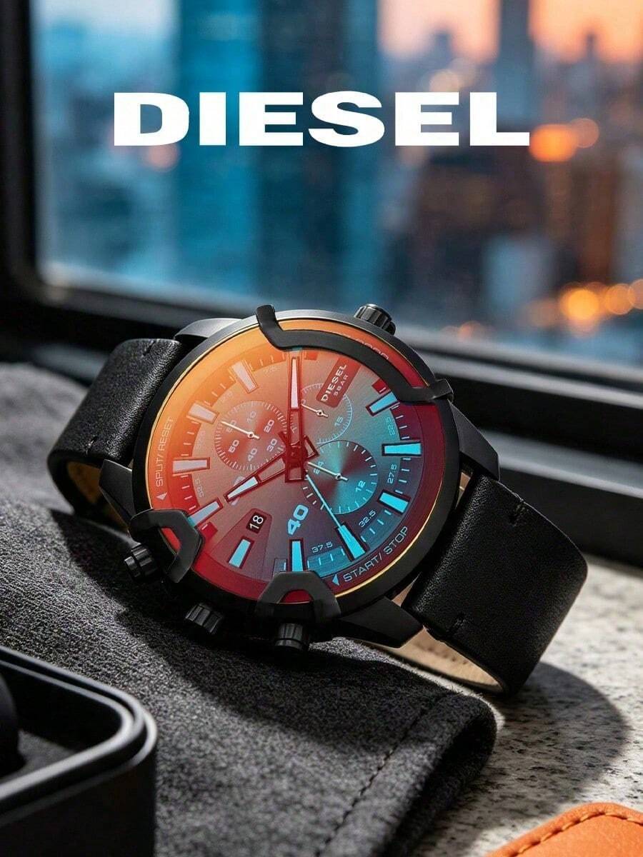 Diesel Griffed Men's Large Chronograph Quartz Watch, Iridescent Red-Blue Gradient Dial, Black Textured Genuine Leather Strap, 50m Water Resistant, DZ4519 - Black - View 1