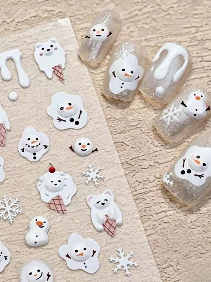1pc Christmas Winter Fall Nails Winter Cream Snowman Nail Stickers, Holiday Atmosphere Versatile Nail Decor, Cute Winter Cartoon Image, Easily Create Atmospheric Christmas Nails - Multicolor - View 1