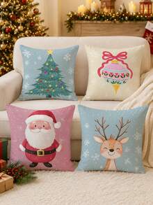 4 pièces Housses de coussin décoratif Père Noël, renne et sapin de Noël, imprimées sur un seul côté en tissu peluche, 45*45/50*50/40*40CM. Décorations pour la maison, salon moderne minimaliste, cadeau, fête - Multicolore - Voir 5