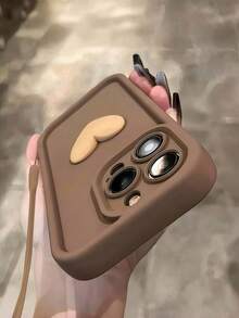 Matte Stepped Eye Frame Phone Case, Pure Brown Matte Shell With 3D Cream Heart Decoration And Matching Brown Handle Soft Shockproof Silicone Phone Cover, Compatible With Apple 11, 12, 13, 14, 15, 16, 17, 18 Pro Max. Minimalist Neutral Phone Case, Designed For Women - Brown - View 2