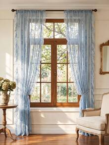 1pc Luxury French Country Style Round Floral Lace Trim Curtain Sheer Partition Curtain Holiday Decoration - Dusty Blue - View 4