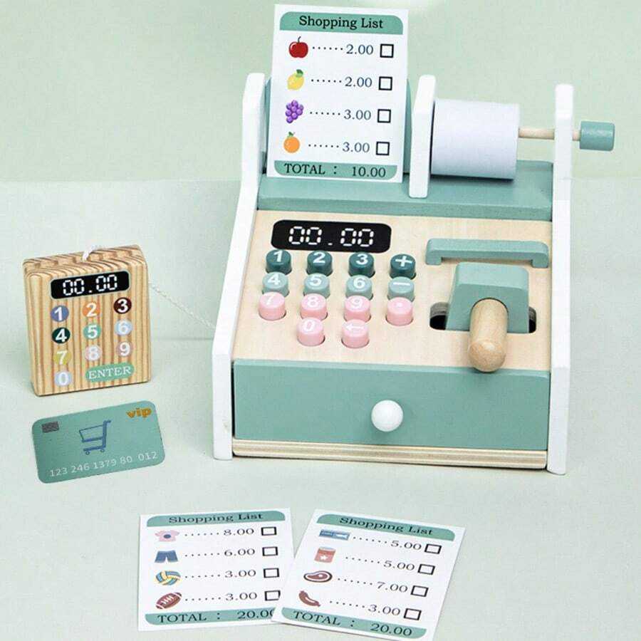 1 Set Kids Wooden Pretend Cash Register Toy, Children's Realistic Store Game, Educational Interactive Role Play Toy, Gift For Kids