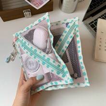 3/1pc Mesh Makeup Storage Bag, Large Capacity Portable Ins Style Toiletry Bag, Highly Attractive Lightweight Multi-Purpose Sundries Charger Organizer, Suitable For Best Friends Travel, Business Trip Portable Tool Bag - Pinkish Green - View 9
