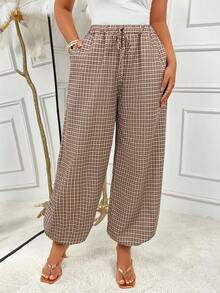 Quần jogger nữ họa tiết kẻ caro vintage có túi, vải dệt dáng rộng cho trang phục mùa thu - màu nâu - Xem 8